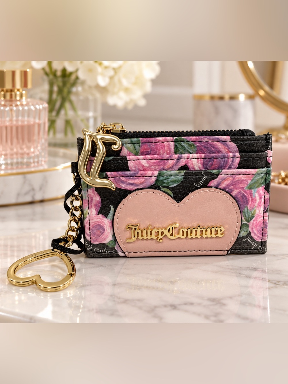 NWOT Juicy Couture Floral Rose Card Holder Wallet Women Black Pink Gold Keychain